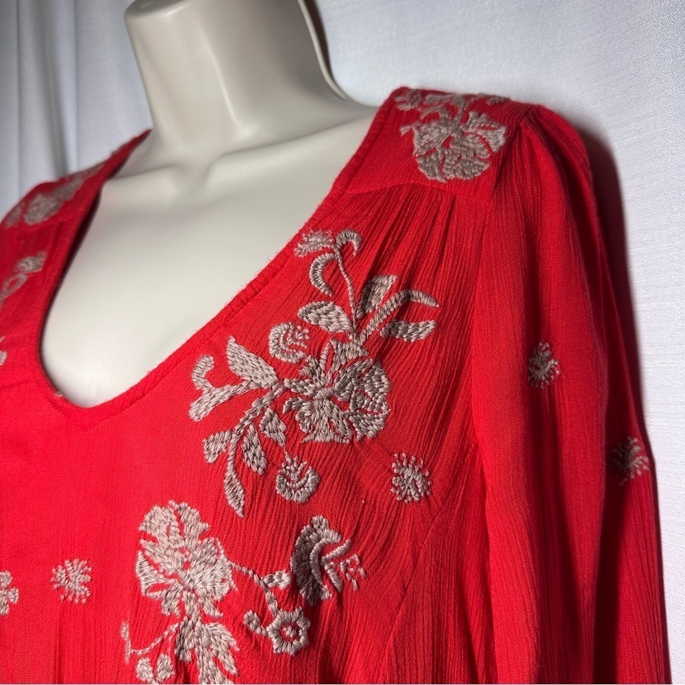 Free People Sweet Tennessee Red Floral Embroidered Mini Tunic Dress S Boho Beach - Picture 7 of 14